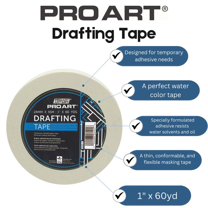 PRO ART Drafting Tape, 1-inch x 60-Yard Roll, White - Image 2